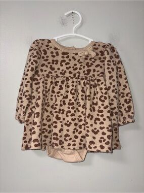 Tahari Brown Knit Leopard Long Sleeve Skirted Body Suit Dress Girls 6-9M